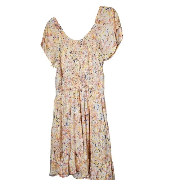 Japna Womens Large Watercolor Pastel Floral Button-Up‎ Smocked Back Waist Dress - Picture 2 of 8